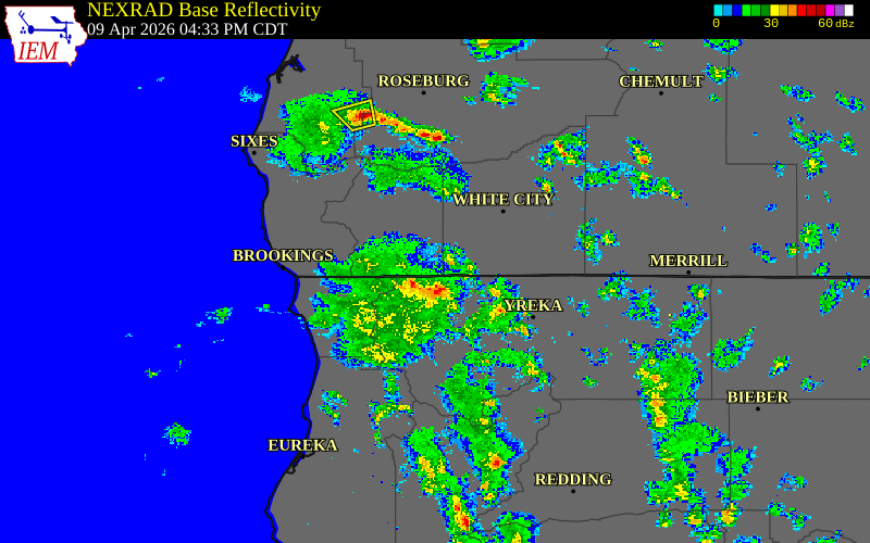Radar snapshot during the Apr 9, 2026 hail event near Siskiyou County, Siskiyou County, California, with NWS warning polygons