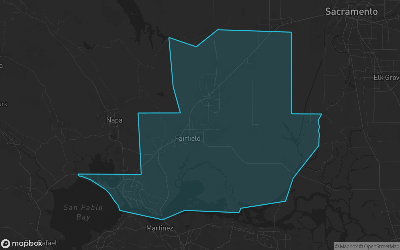 Map of Solano County, California showing the county boundary and surrounding cities