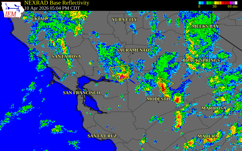 NEXRAD radar during the Friday, April 10, 2026 storm activity in Solano County, California