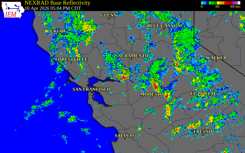 Radar snapshot during the Apr 10, 2026 hail event near Rio Vista, Solano County, California, with NWS warning polygons