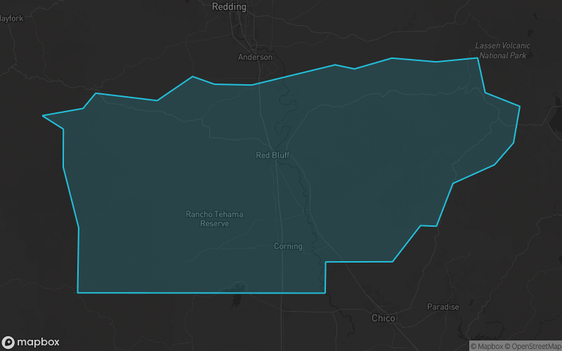 Map of Tehama County, California showing the county boundary and surrounding cities