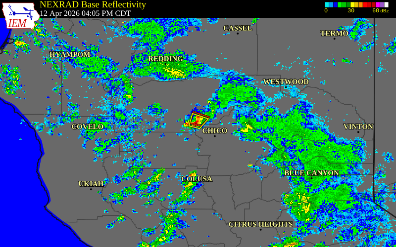 NEXRAD radar during the Sunday, April 12, 2026 storm activity in Tehama County, California