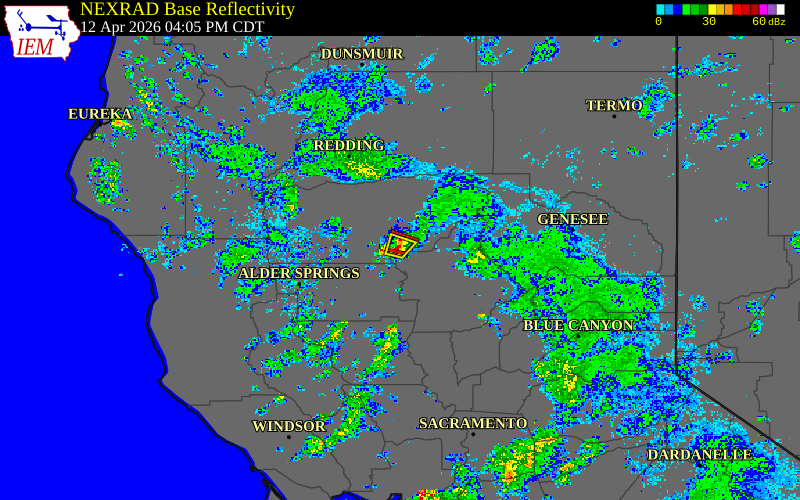 Radar snapshot during the Apr 12, 2026 tornado event near 4 SE Vina, Tehama County, California, with NWS warning polygons