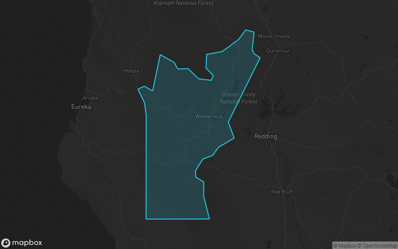 Map of Trinity County, California showing the county boundary and surrounding cities