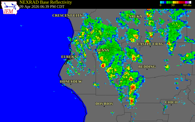 NEXRAD radar during the Thursday, April 9, 2026 storm activity in Trinity County, California