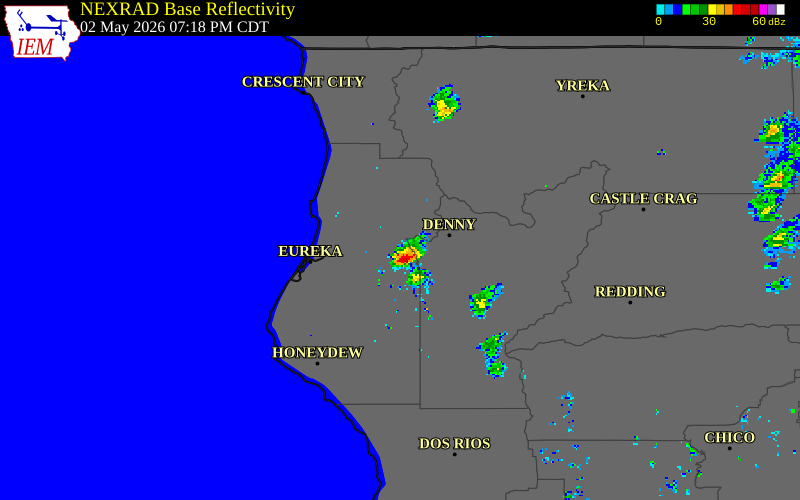 NEXRAD radar during the Saturday, May 2, 2026 storm activity in Trinity County, California