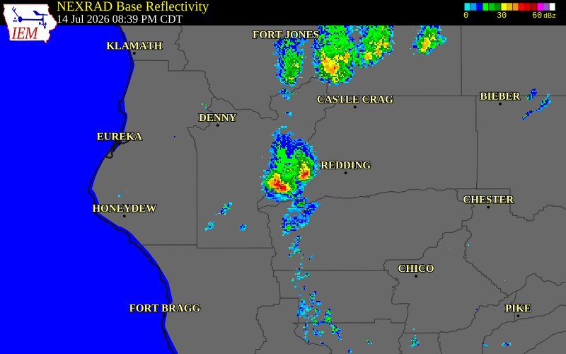 NEXRAD radar during the Tuesday, July 14, 2026 storm activity in Trinity County, California
