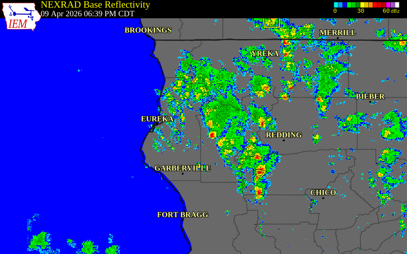 Radar snapshot during the Apr 9, 2026 hail event near Trinity County, Trinity County, California, with NWS warning polygons
