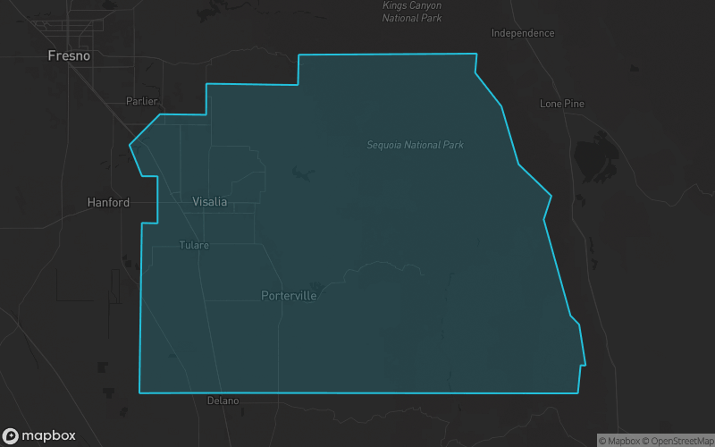 Map of Tulare County, California showing the county boundary and surrounding cities