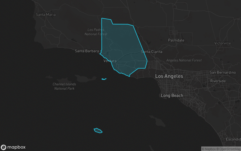 Map of Ventura County, California showing the county boundary and surrounding cities