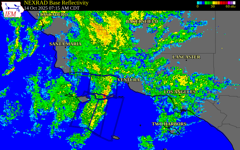 NEXRAD radar during the Tuesday, October 14, 2025 storm activity in Ventura County, California