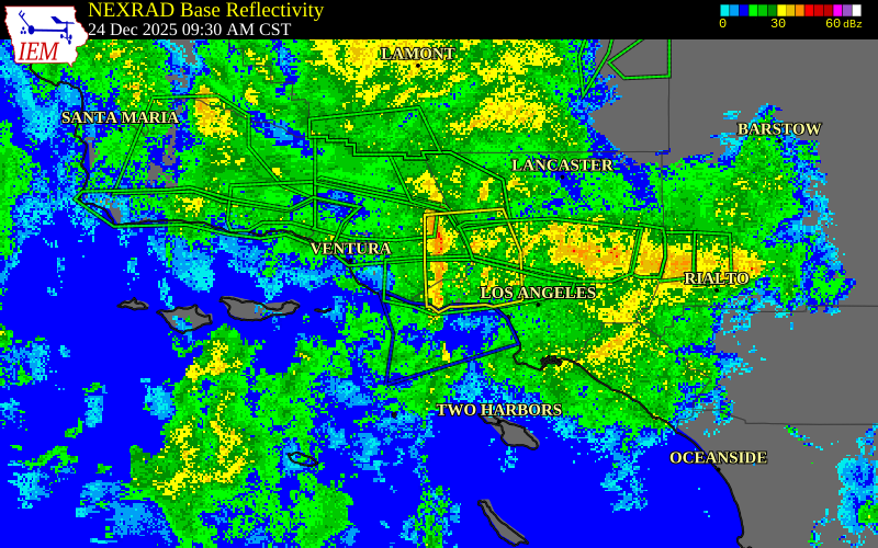 NEXRAD radar during the Wednesday, December 24, 2025 storm activity in Ventura County, California