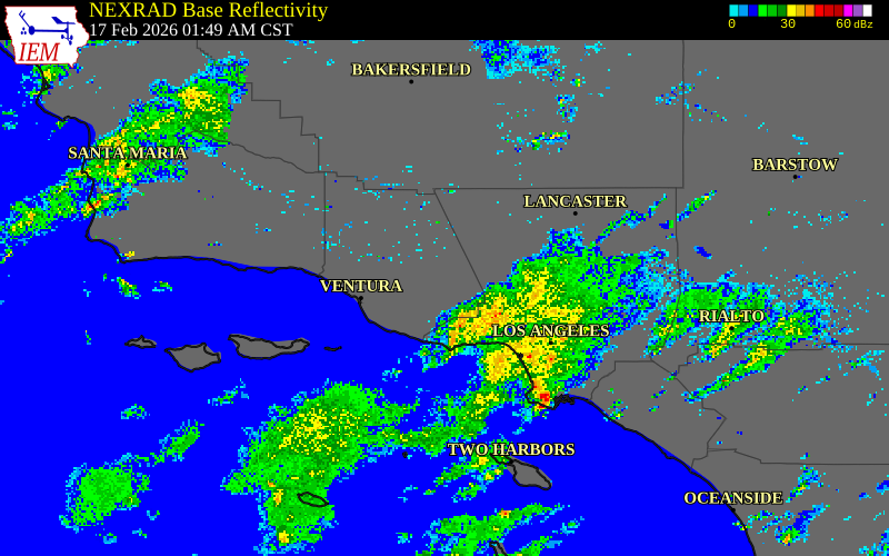 NEXRAD radar during the Monday, February 16, 2026 storm activity in Ventura County, California