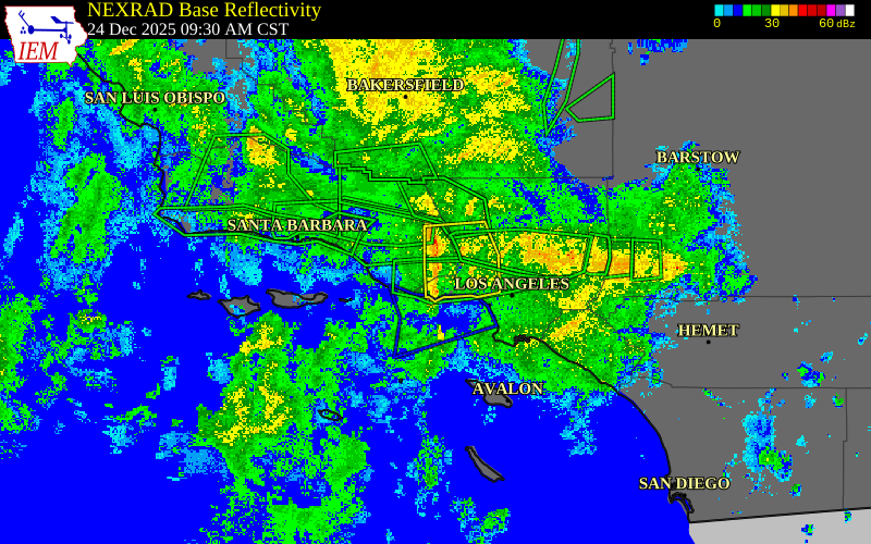 Radar snapshot during the Dec 24, 2025 wind event near 4 ENE Thousand Oaks, Ventura County, California, with NWS warning polygons