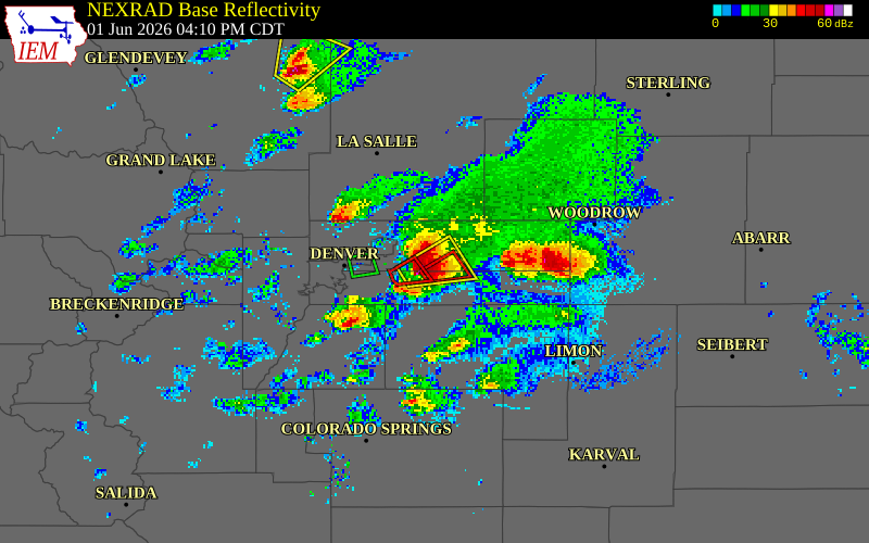 NEXRAD radar during the Monday, June 1, 2026 storm activity in Adams County, Colorado