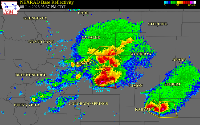 NEXRAD radar during the Monday, June 8, 2026 storm activity in Adams County, Colorado