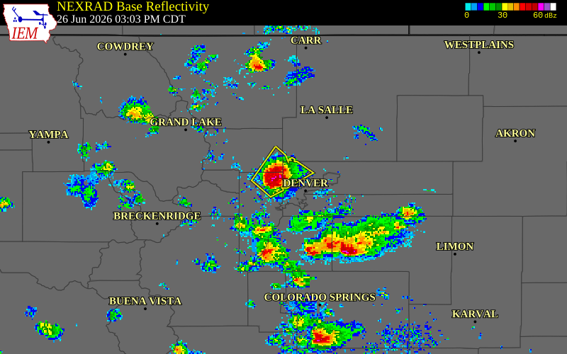 NEXRAD radar during the Friday, June 26, 2026 storm activity in Adams County, Colorado