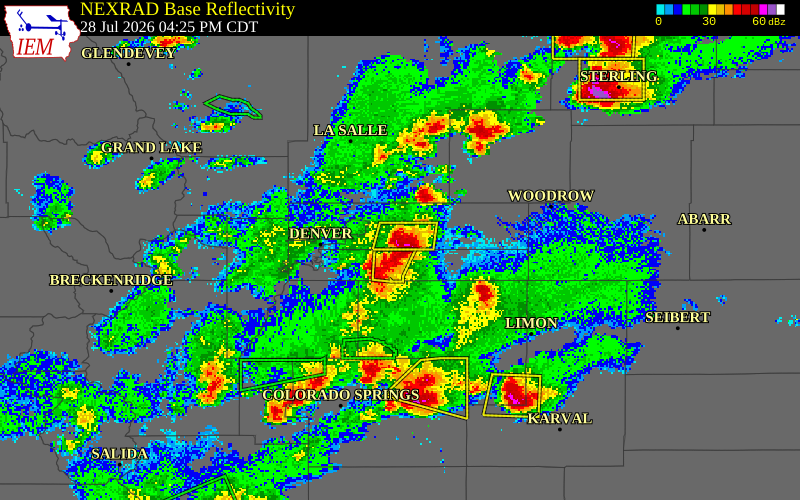 NEXRAD radar during the Tuesday, July 28, 2026 storm activity in Adams County, Colorado