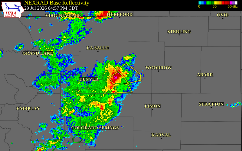 NEXRAD radar during the Wednesday, July 29, 2026 storm activity in Adams County, Colorado