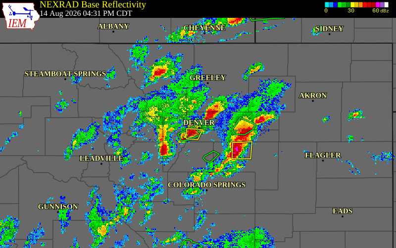 Radar snapshot during the Jun 1, 2026 hail event near 1 SSE Bennett, Adams County, Colorado, with NWS warning polygons