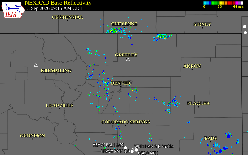 Current NEXRAD radar over Adams County, Colorado with recent storm report locations