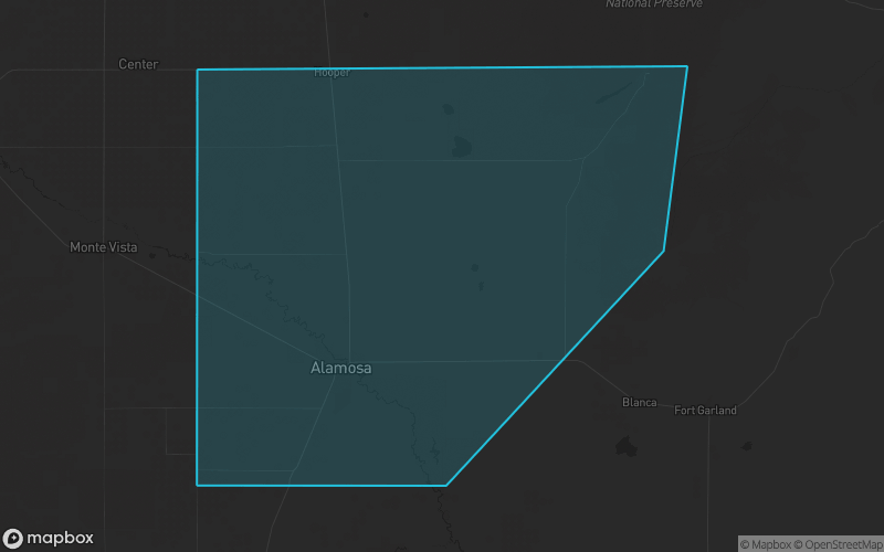 Map of Alamosa County, Colorado showing the county boundary and surrounding cities