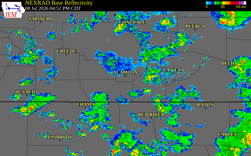 NEXRAD radar during the Wednesday, July 8, 2026 storm activity in Alamosa County, Colorado