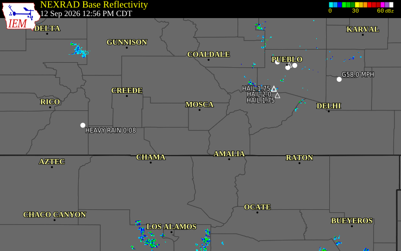 Current NEXRAD radar over Alamosa County, Colorado with recent storm report locations