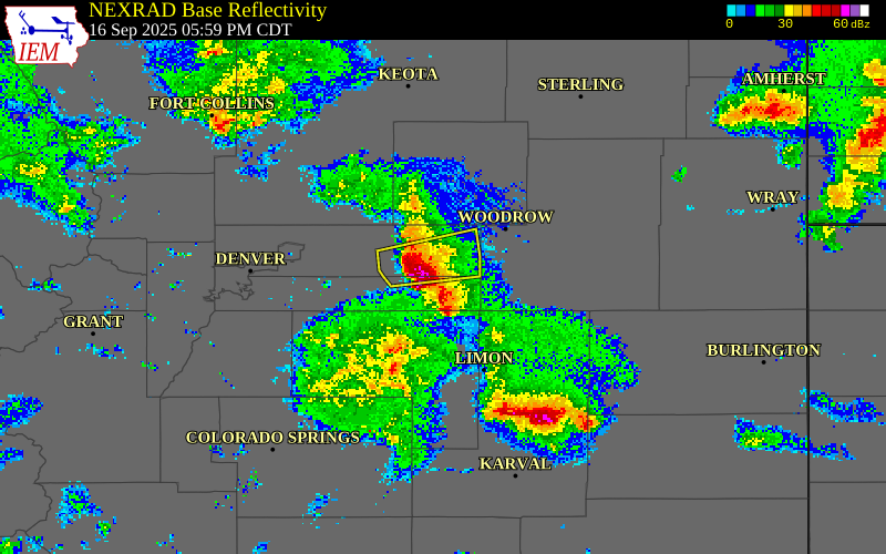 NEXRAD radar during the Tuesday, September 16, 2025 storm activity in Arapahoe County, Colorado