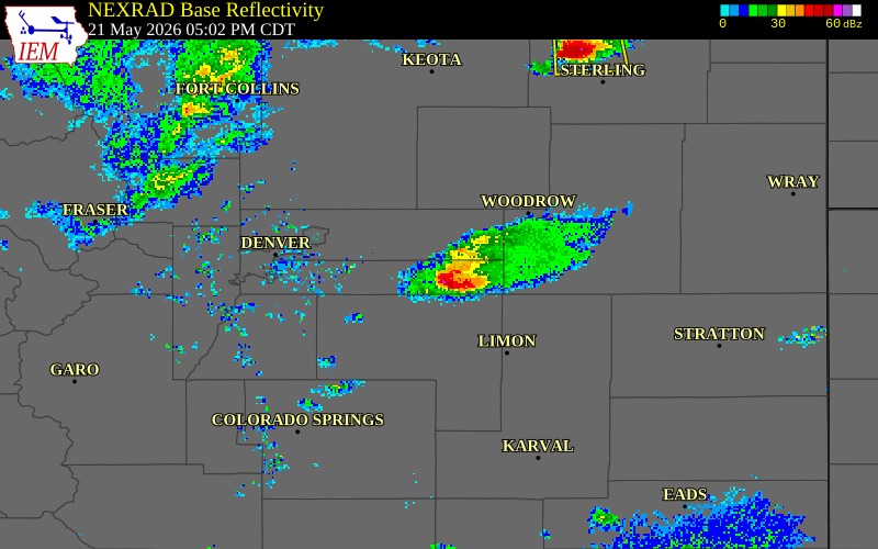 NEXRAD radar during the Thursday, May 21, 2026 storm activity in Arapahoe County, Colorado