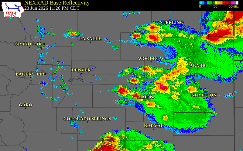 NEXRAD radar during the Tuesday, June 23, 2026 storm activity in Arapahoe County, Colorado