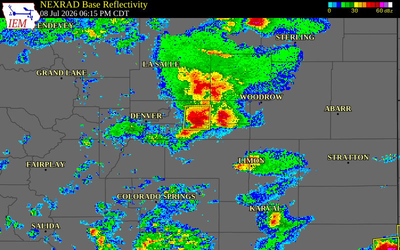 NEXRAD radar during the Wednesday, July 8, 2026 storm activity in Arapahoe County, Colorado