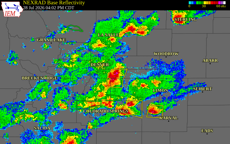 NEXRAD radar during the Tuesday, July 28, 2026 storm activity in Arapahoe County, Colorado