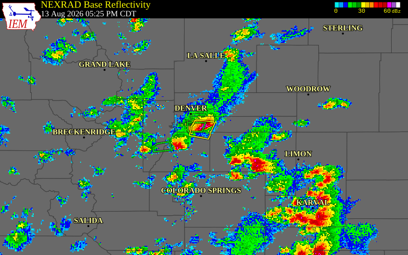 NEXRAD radar during the Thursday, August 13, 2026 storm activity in Arapahoe County, Colorado