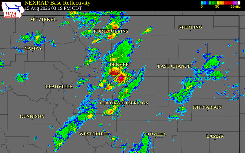 Radar snapshot during the Aug 13, 2026 hail event near 2 W Arapahoe Park, Arapahoe County, Colorado, with NWS warning polygons