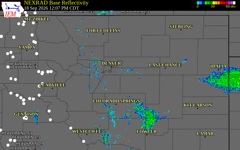 Current NEXRAD radar over Arapahoe County, Colorado with recent storm report locations