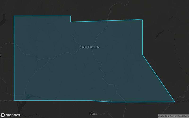 Map of Archuleta County, Colorado showing the county boundary and surrounding cities