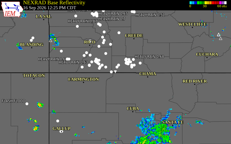Current NEXRAD radar over Archuleta County, Colorado with recent storm report locations