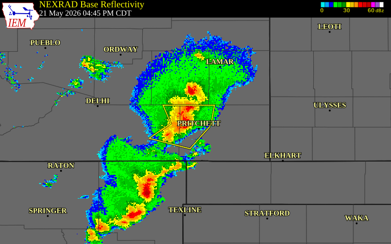 NEXRAD radar during the Thursday, May 21, 2026 storm activity in Baca County, Colorado