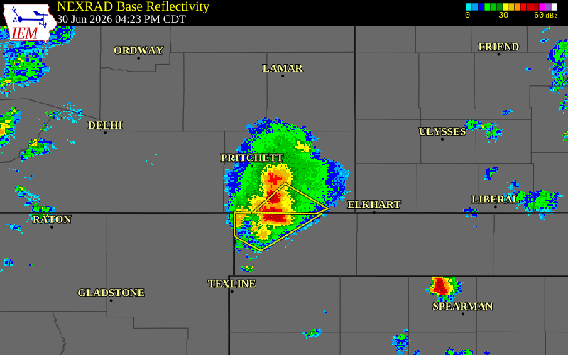 NEXRAD radar during the Tuesday, June 30, 2026 storm activity in Baca County, Colorado