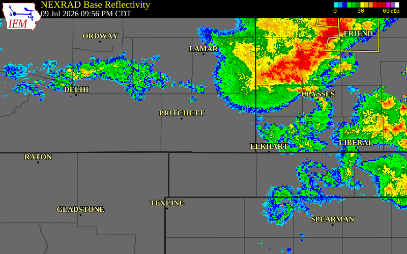 NEXRAD radar during the Thursday, July 9, 2026 storm activity in Baca County, Colorado