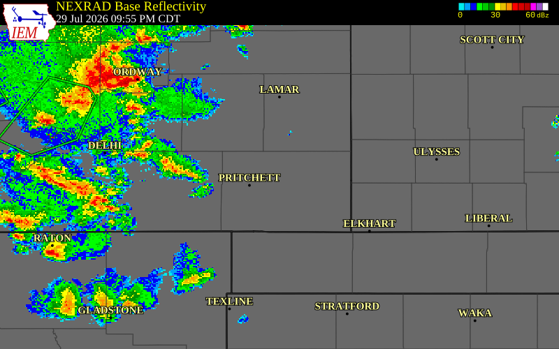 NEXRAD radar during the Wednesday, July 29, 2026 storm activity in Baca County, Colorado