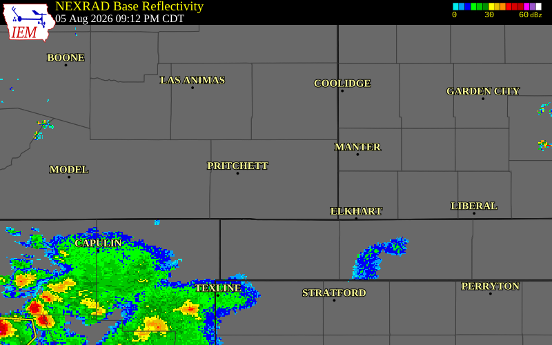 NEXRAD radar during the Wednesday, August 5, 2026 storm activity in Baca County, Colorado