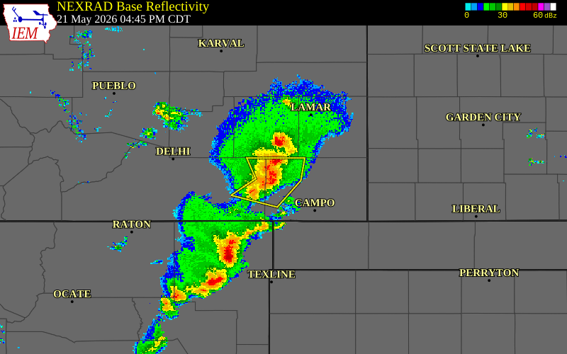 Radar snapshot during the May 21, 2026 tornado event near 6 NNW Pritchett, Baca County, Colorado, with NWS warning polygons