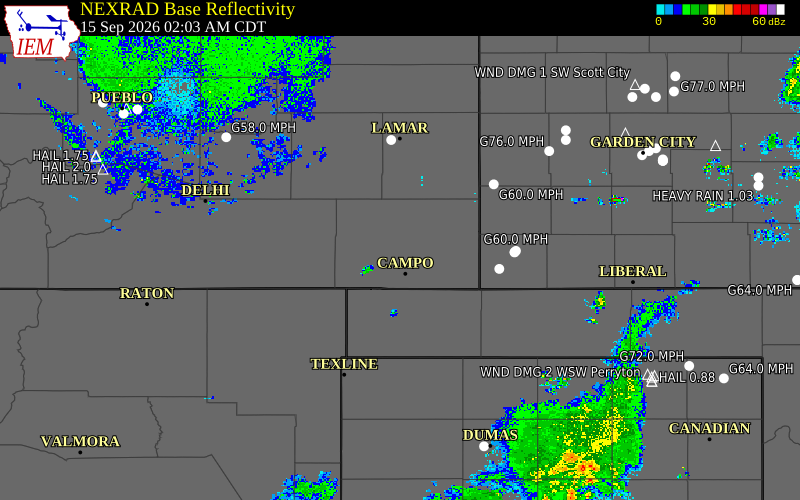Current NEXRAD radar over Baca County, Colorado with recent storm report locations
