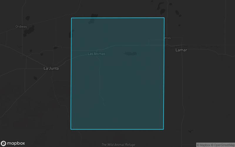 Map of Bent County, Colorado showing the county boundary and surrounding cities