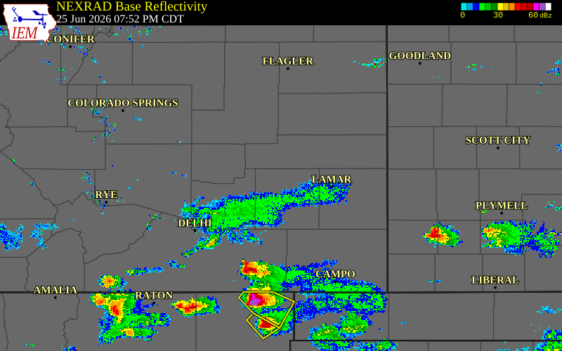 Radar snapshot during the Jun 25, 2026 tornado event near 7 N Fort Lyon, Bent County, Colorado, with NWS warning polygons