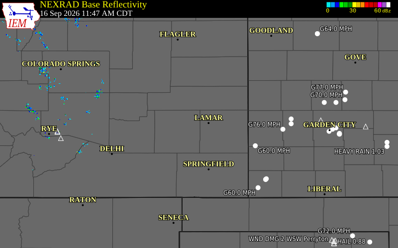 Current NEXRAD radar over Bent County, Colorado with recent storm report locations