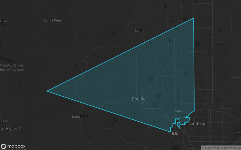 Map of Boulder County, Colorado showing the county boundary and surrounding cities
