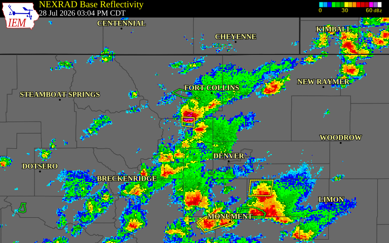 NEXRAD radar during the Tuesday, July 28, 2026 storm activity in Boulder County, Colorado